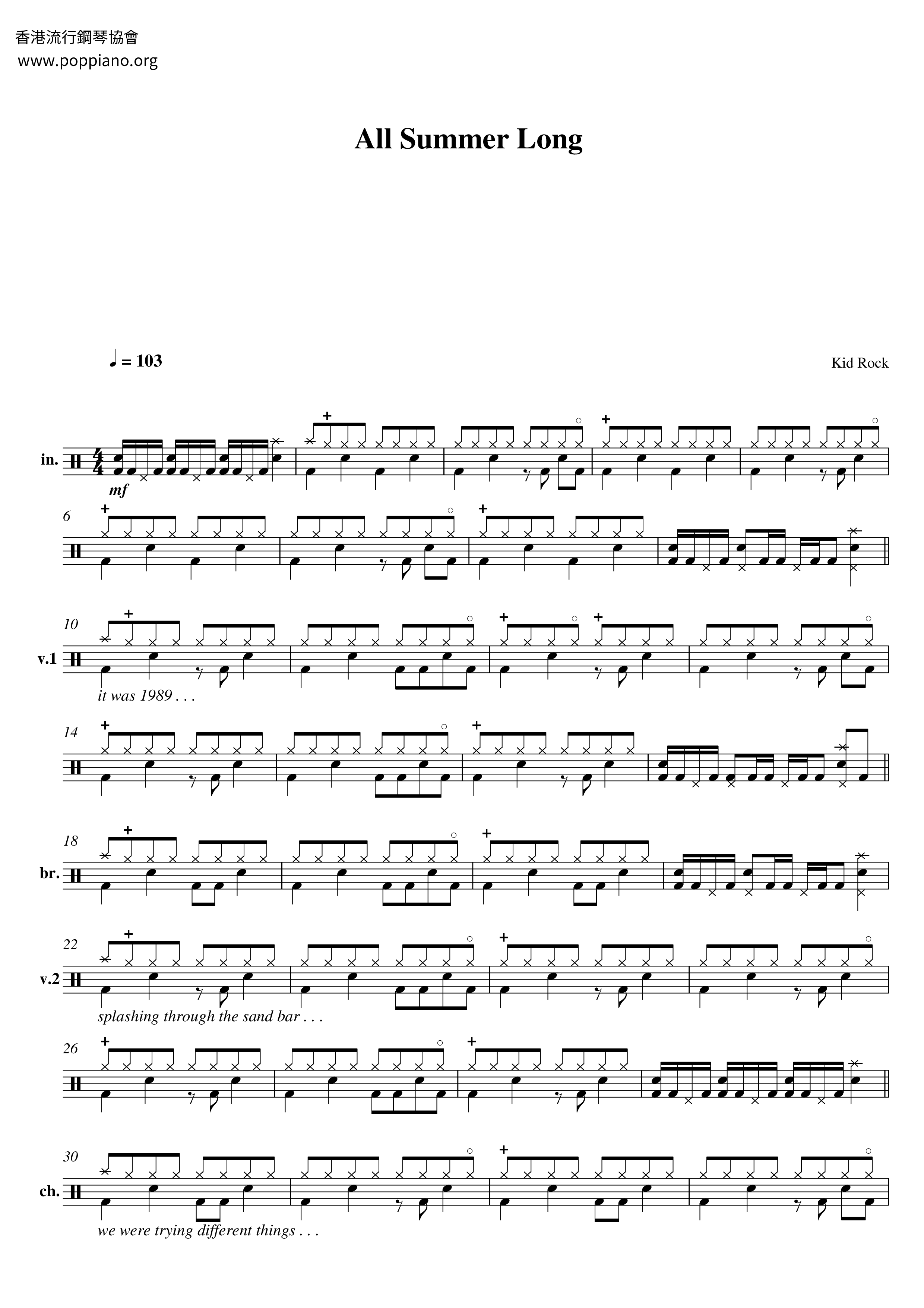 Kid RockAll Summer Long Drum Tab pdf, Free Score Download ★