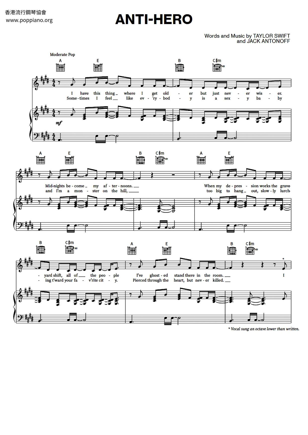 Taylor Swift Anti Hero 琴谱 五线谱pdf 香港流行钢琴协会琴谱下载