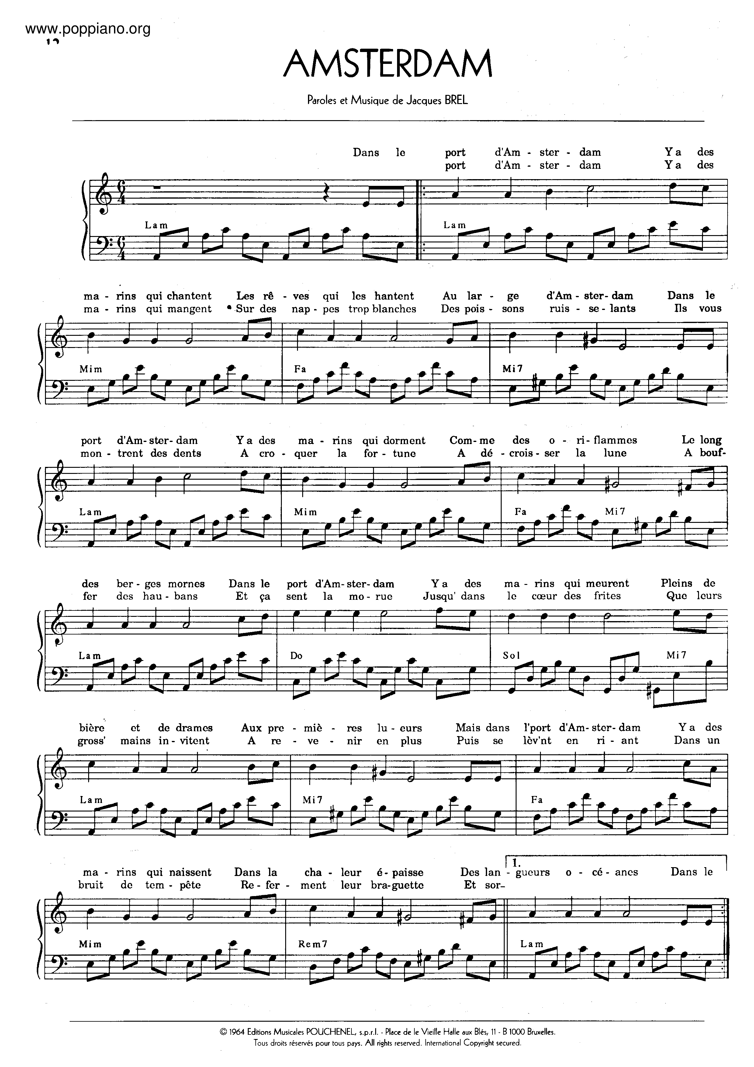 Jacques BrelAmsterdam Sheet Music pdf, Free Score Download ★