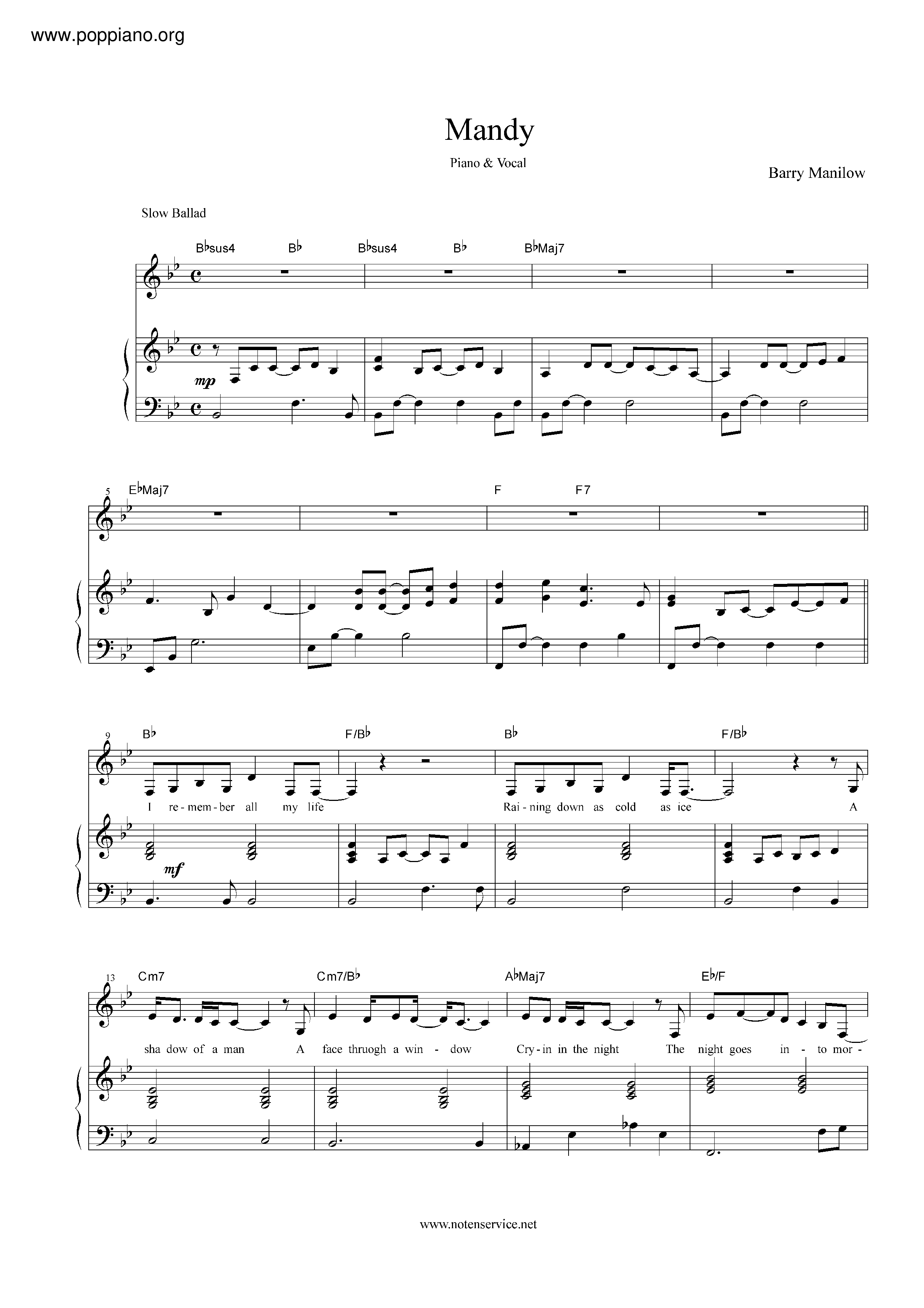 ☆バリー・マニロウ - マンディ 악보 ピアノ譜pdf (バリー・マニロウ