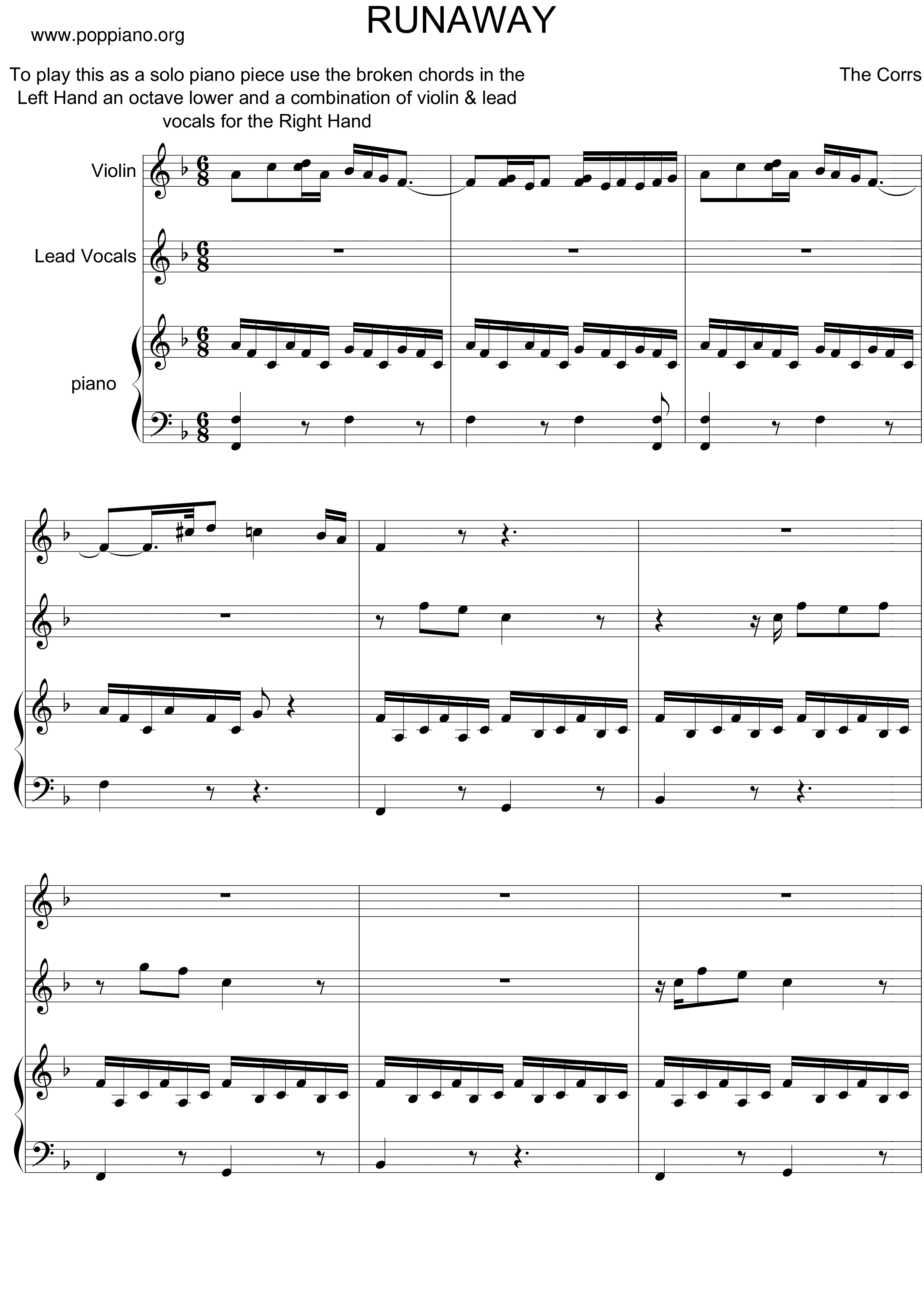 The CorrsRunaway 琴譜pdf香港流行鋼琴協會琴譜下載 ★