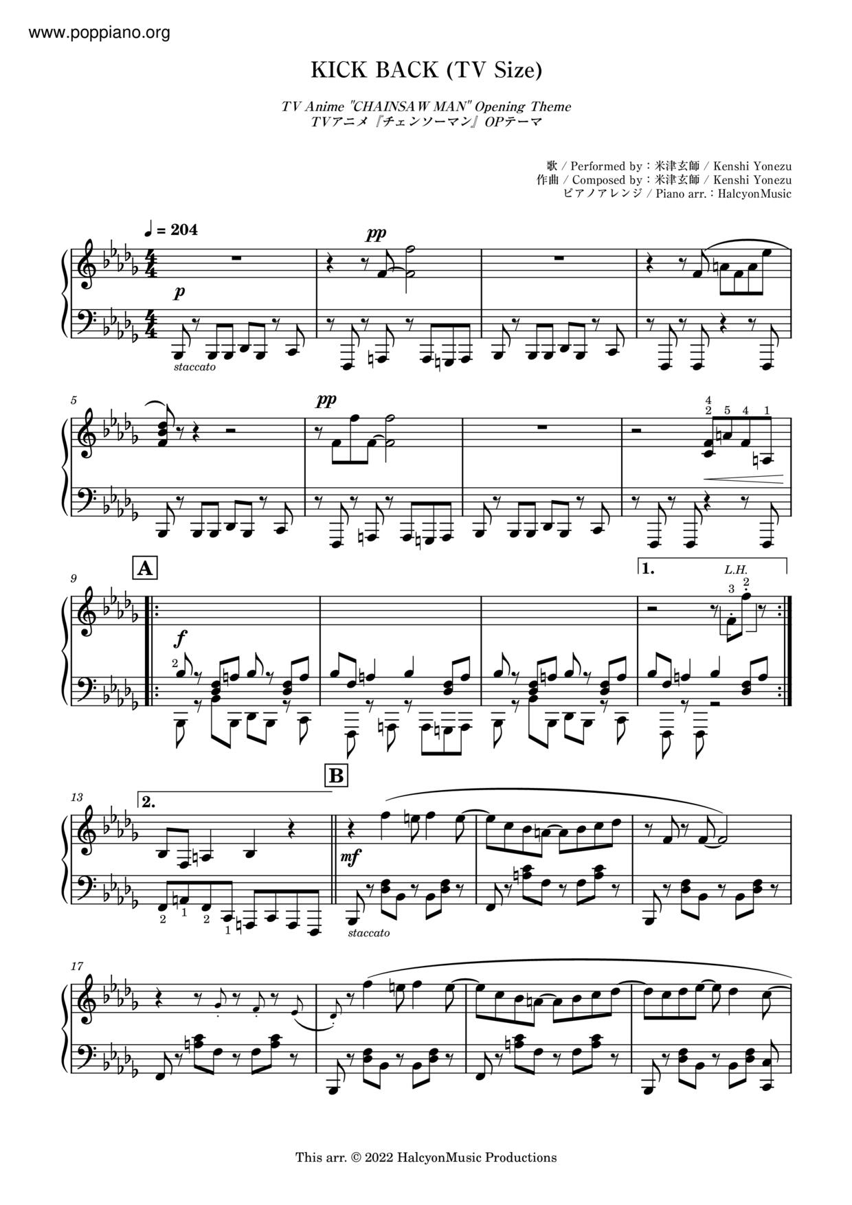 chainsaw man op kick back Sheet Music Piano Score Free PDF