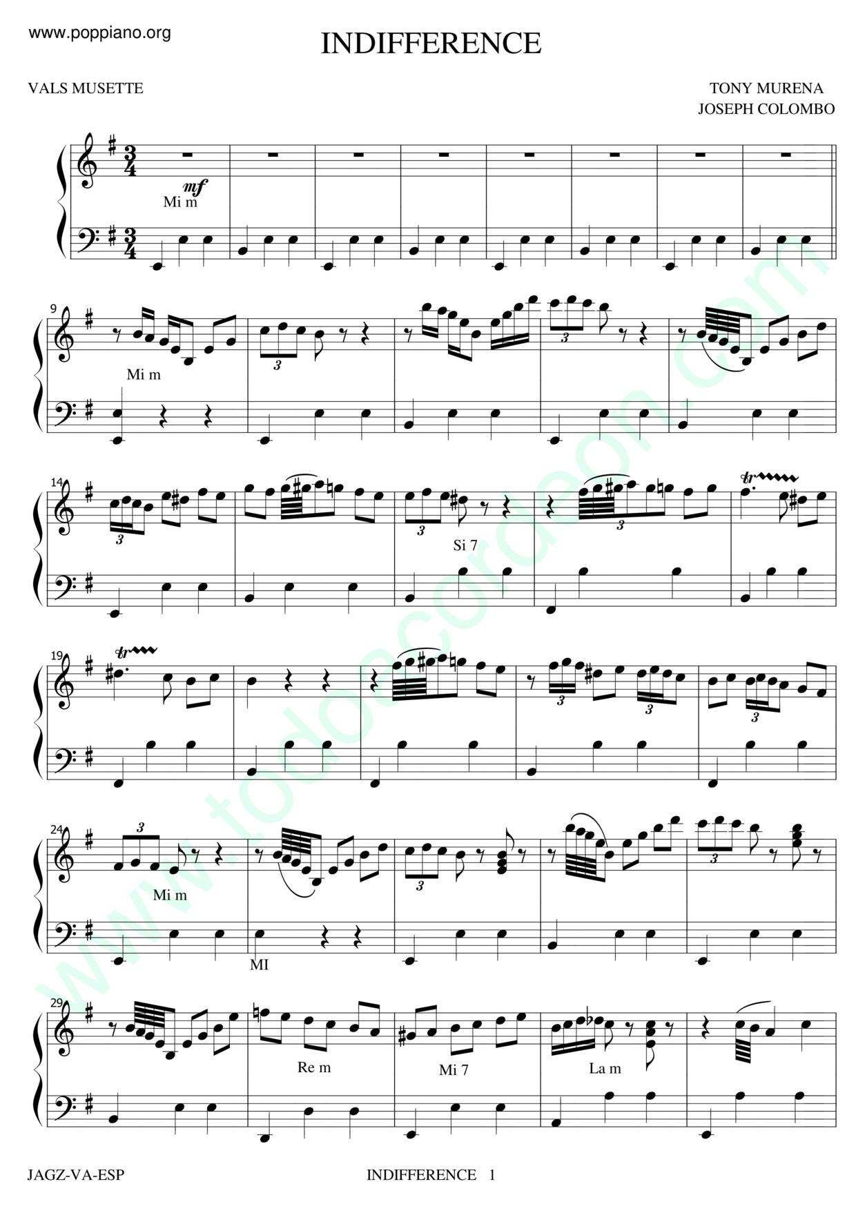 Indifference | Sheet Music | Piano Score Free PDF Download | HK Pop