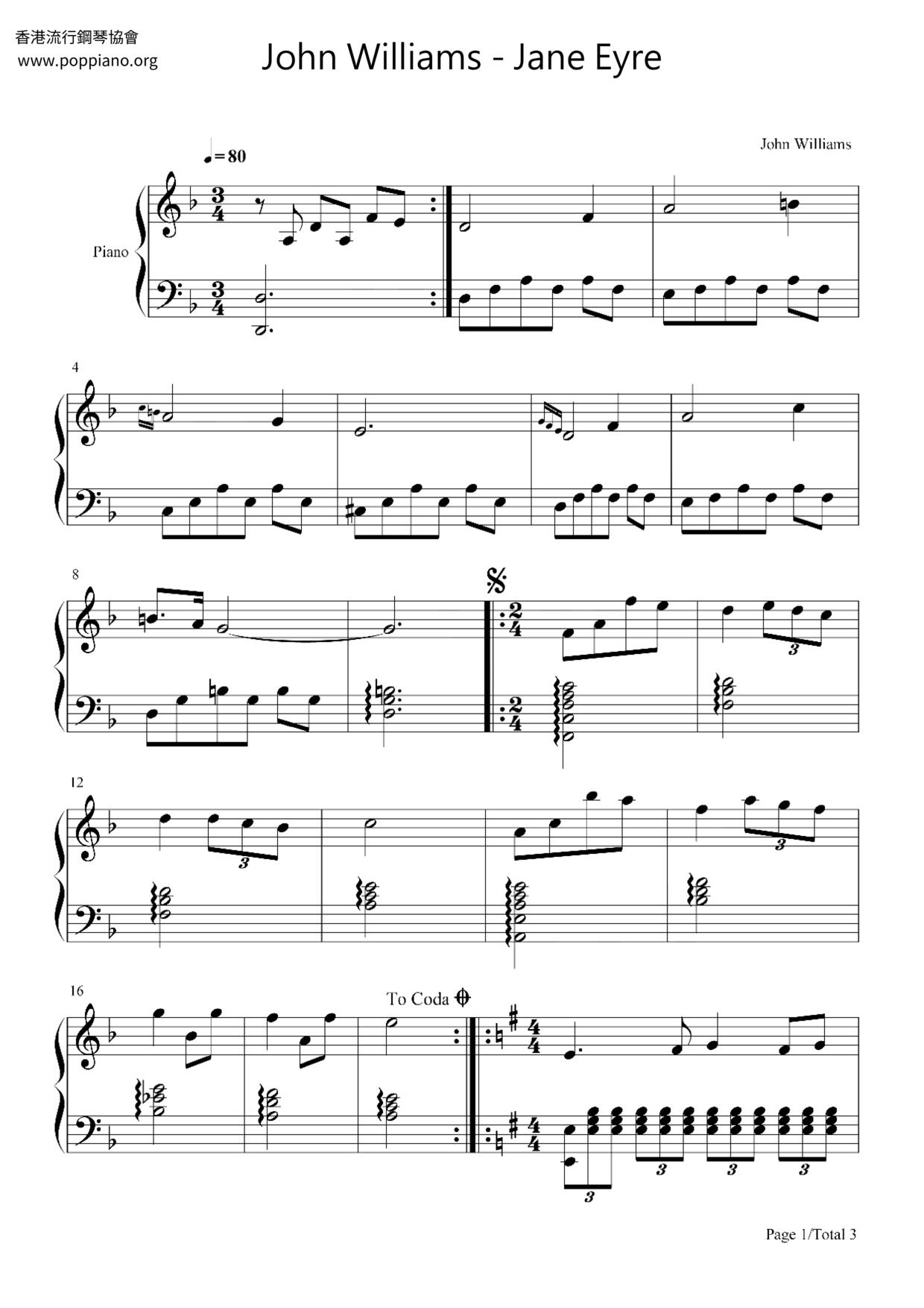 ☆ John Williams-Jane Eyre Sheet Music pdf, - Free Score Download ☆
