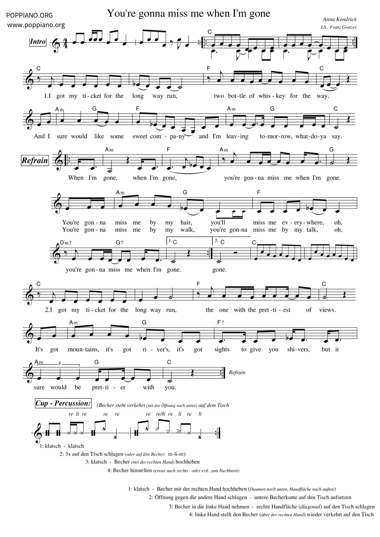 Cups (Pitch Perfect's “When I'm Gone”)琴譜
